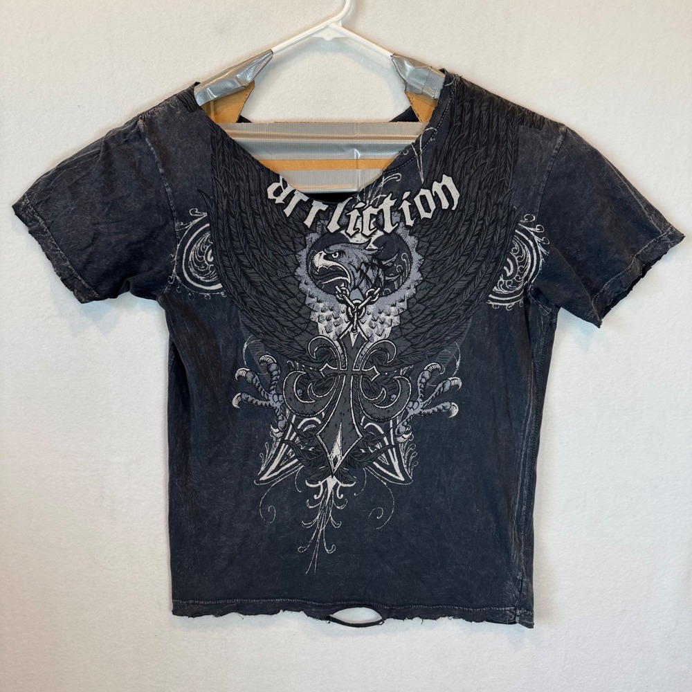 Thrashed Affliction Mens Large T-Shirt Black Eagle Wings Cross Distressed Y2K